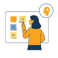 Ilustración de una persona analizando notas en un panel, representando la observación y análisis de insights Ilustración de una persona analizando notas en un panel, representando la observación y análisis de insights